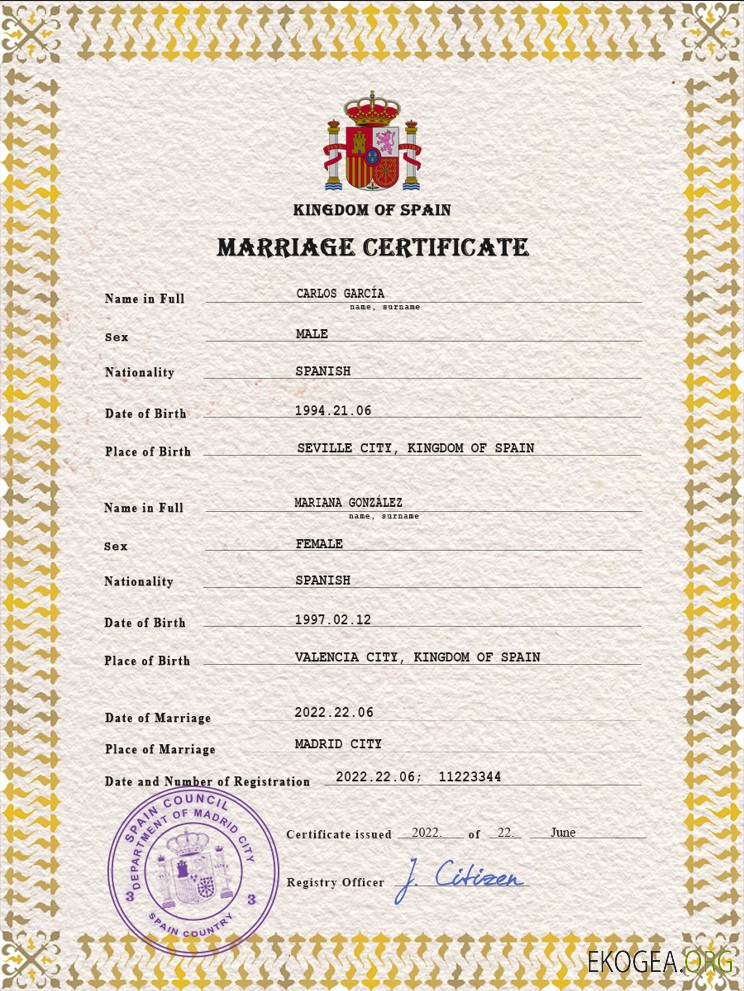 Modèle PSD de certificat de mariage en Espagne